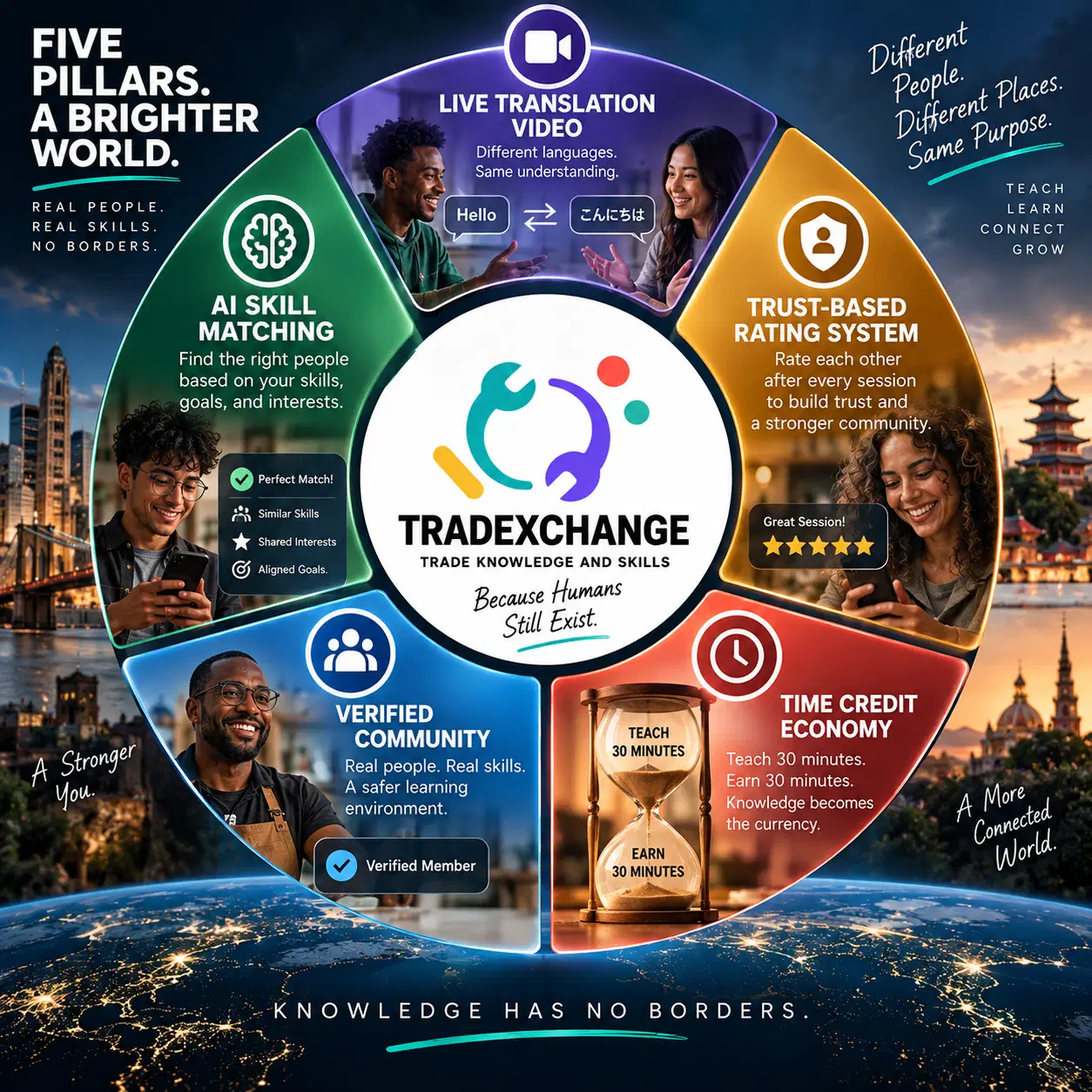 TradeXchange illustration showing five pillars: live translation video, trust-based ratings, time credits, a verified community, and AI skill matching