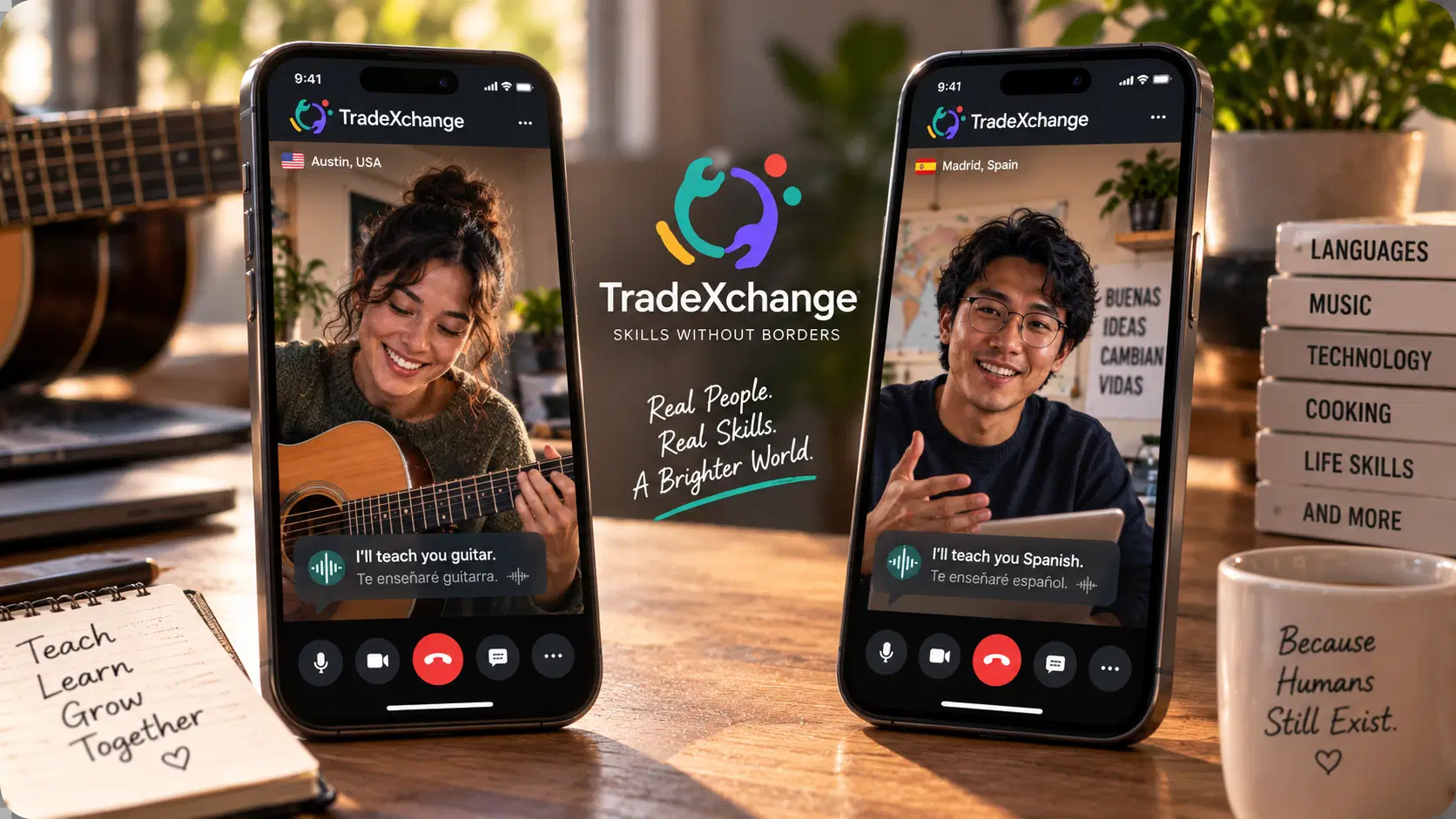 Two people in different cities teaching guitar and Spanish through TradeXchange video calls