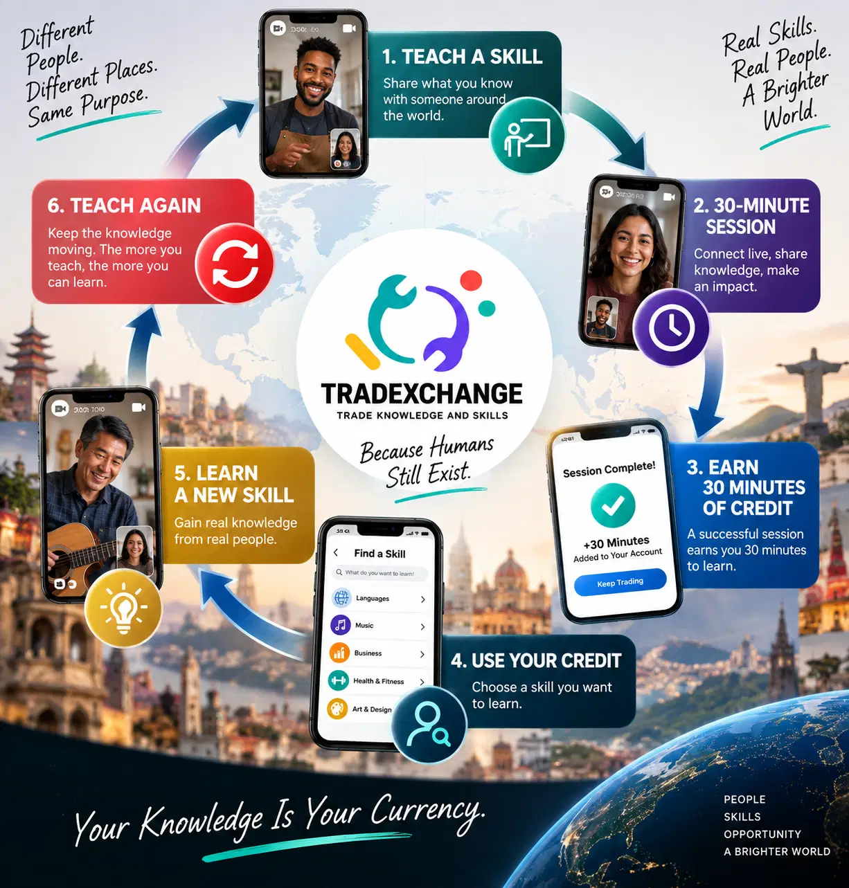 TradeXchange's six-step skill-exchange cycle: 30 minutes or less of teaching gets you up to 30 minutes of learning. Use the credit to learn a new skill, and teach again so knowledge keeps moving among people worldwide