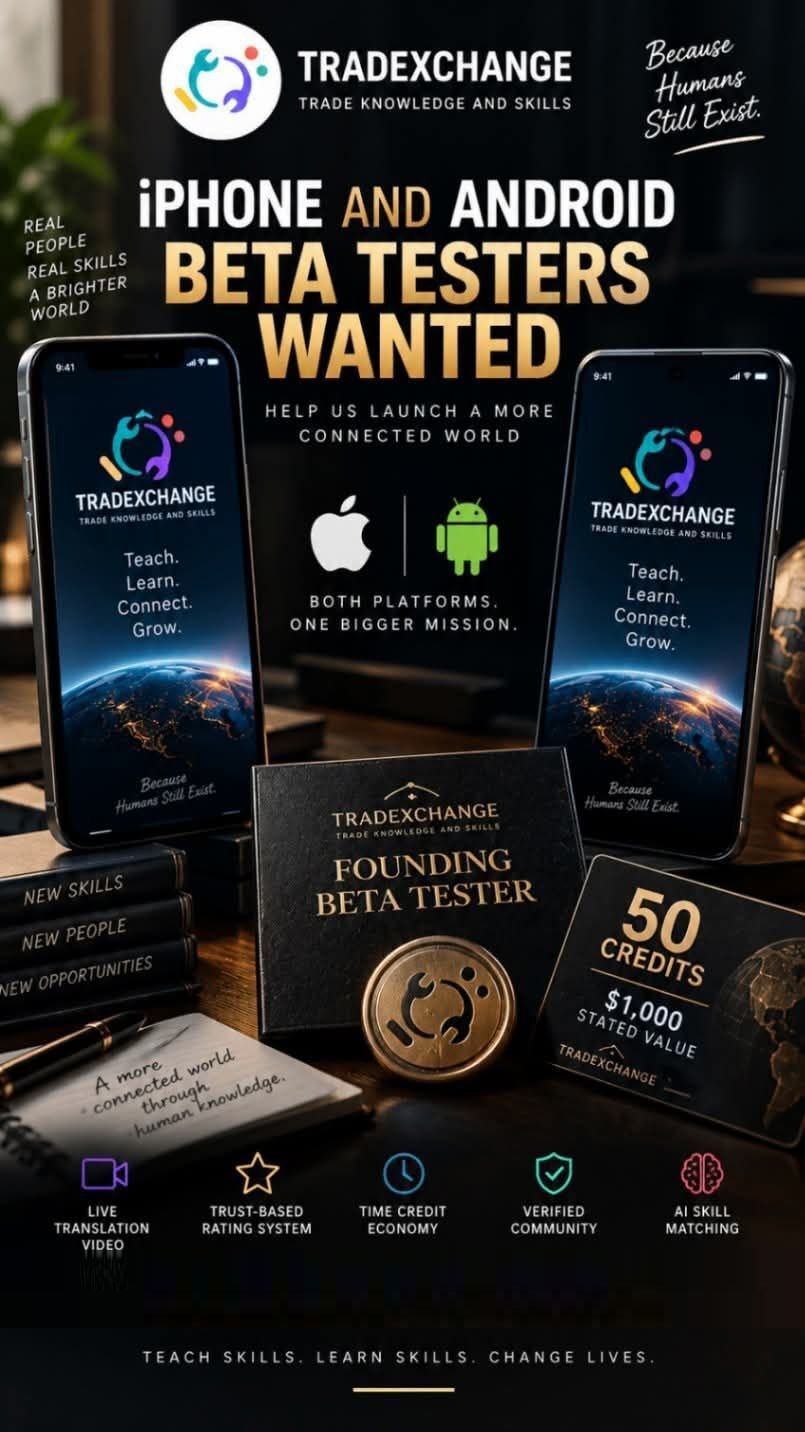 TradeXchange iPhone and Android beta tester campaign featuring five pillars, 50 credits, and a stated value of $1,000